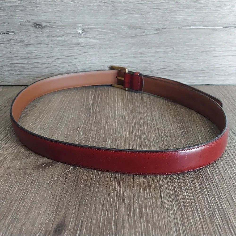 Land's End Men's Red Leather Belt Solid Brass Buckle 34